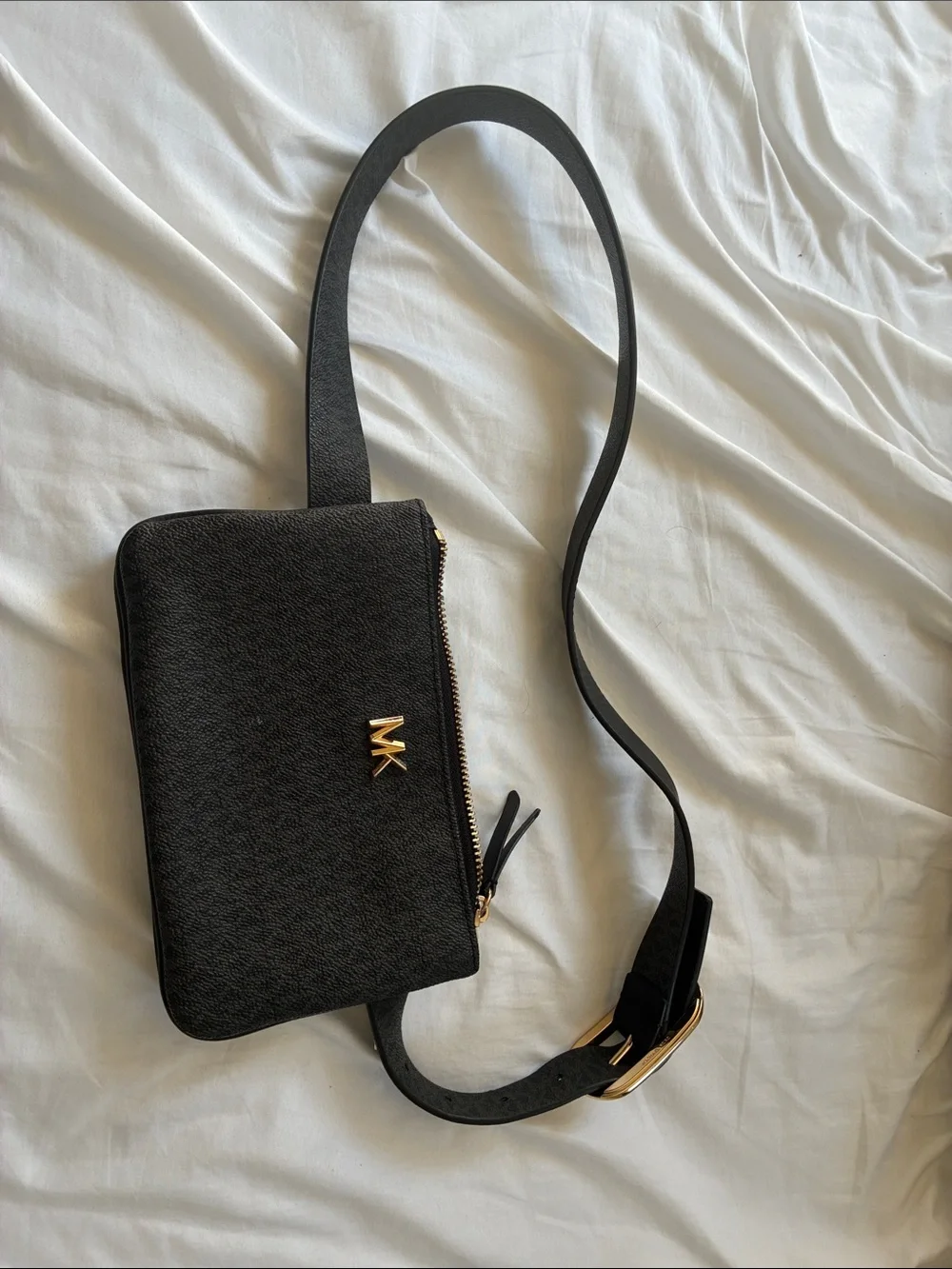 Michael Kors Black Leather Belt Bag with Gold MK Hardware